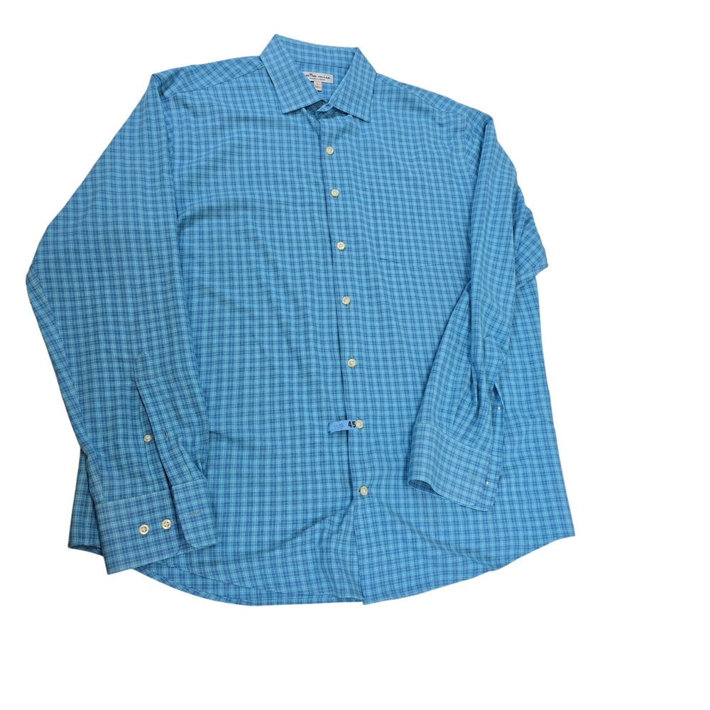 Peter Millar Summer Comfort Men's Blue Plaid Long Sleeve Button Up Shirt Size L